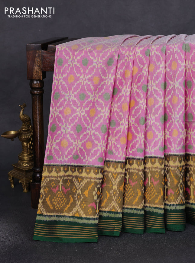 Rajkot patola silk saree pink and green with allover ikat weaves and ikat woven border
