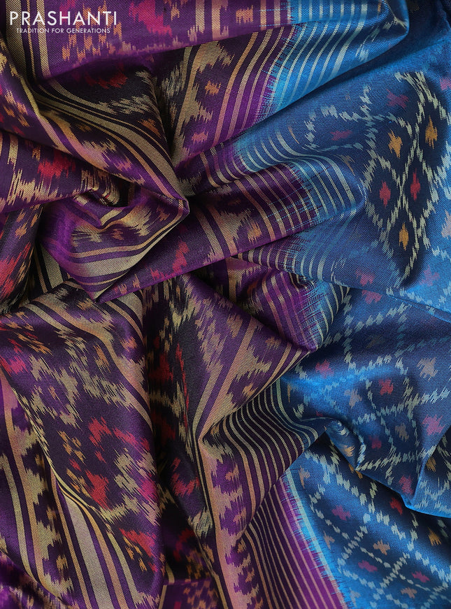Rajkot patola silk saree peacock blue and violet with allover ikat weaves and ikat woven border