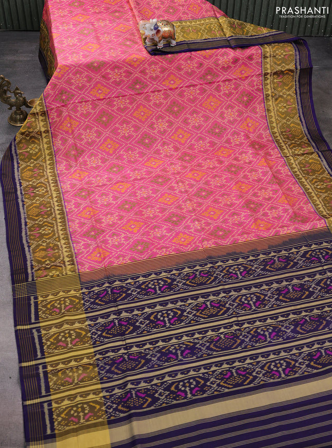 Rajkot patola silk saree pink and navy blue with allover ikat weaves and ikat woven border