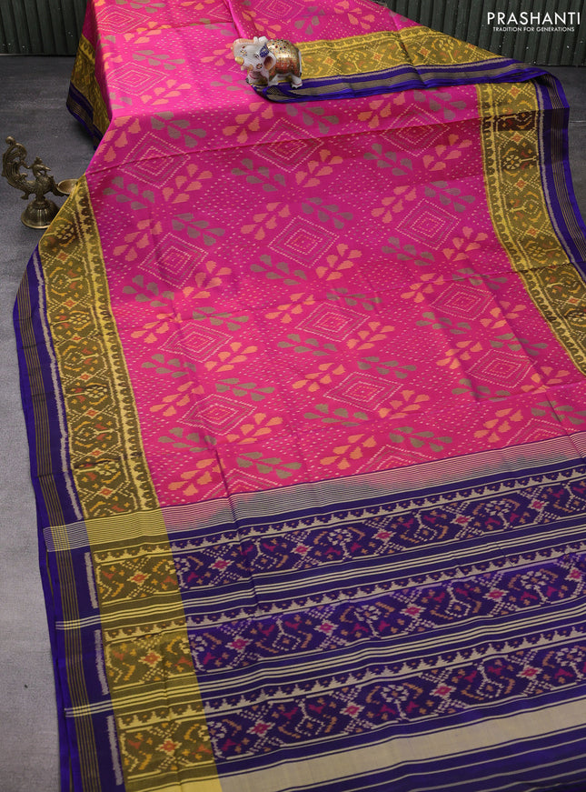Rajkot patola silk saree pink and blue with allover ikat weaves and ikat woven zari border