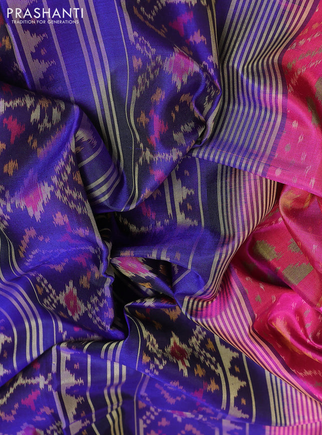 Rajkot patola silk saree pink and blue with allover ikat weaves and ikat woven zari border