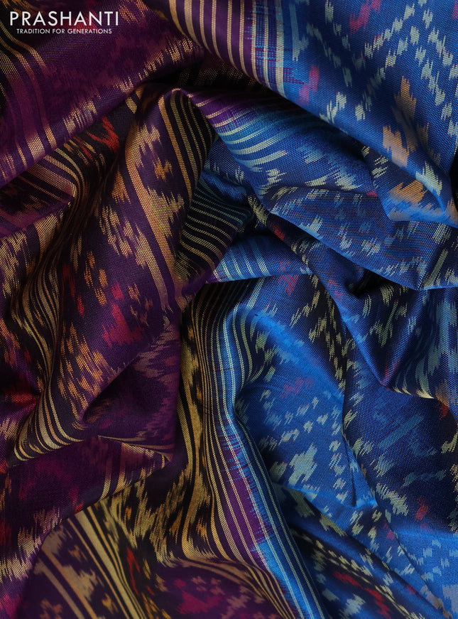 Rajkot patola silk saree peacock blue and violet with allover ikat weaves and ikat woven border