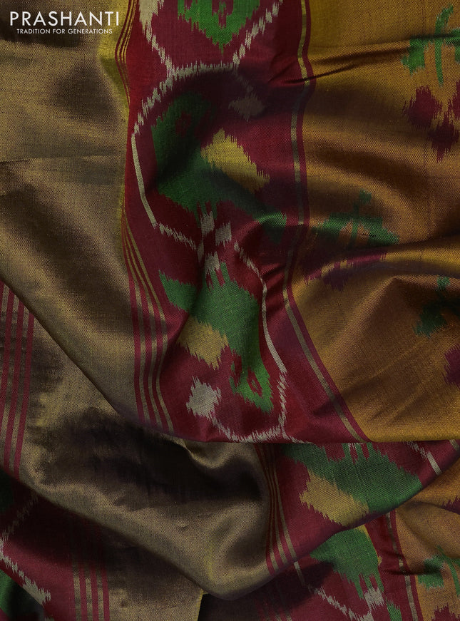 Rajkot patola silk saree dark mustard and deep maroon with allover ikat woven buttas and ikat woven zari border