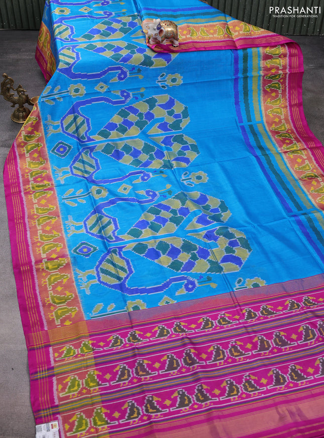 Rajkot patola silk saree cs blue and pink with allover ikat waaves and ikat zari woven border