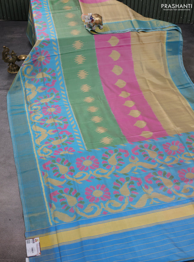 Rajkot patola silk saree tri colour and teal blue with ikat woven buttas and zari woven border