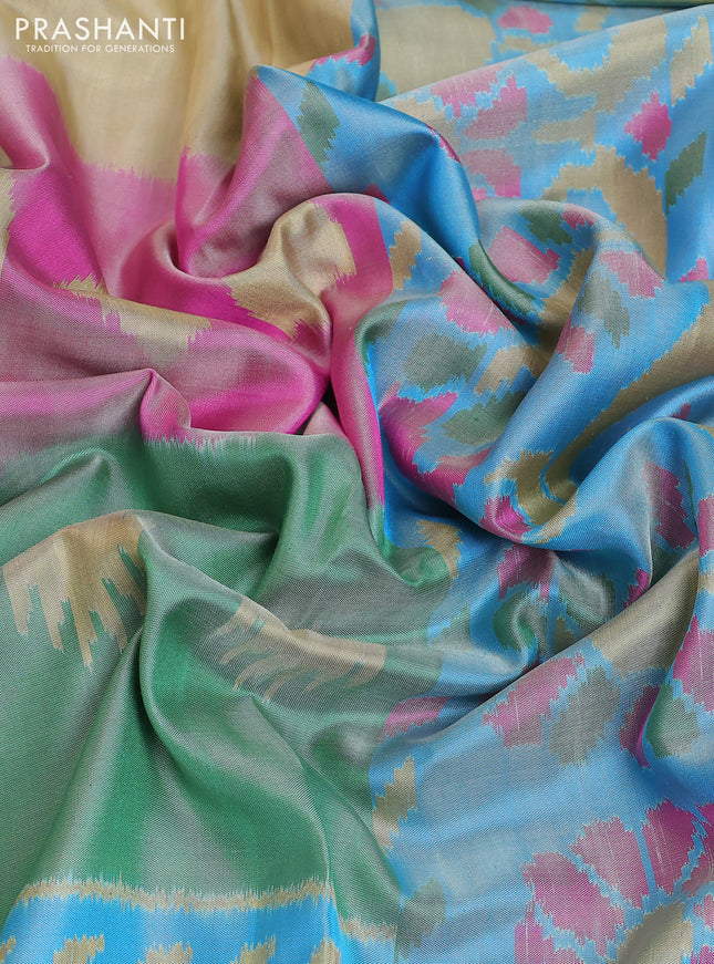 Rajkot patola silk saree tri colour and teal blue with ikat woven buttas and zari woven border