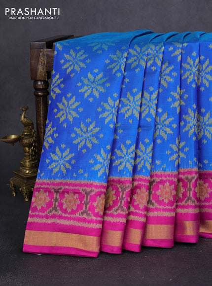 Rajkot patola silk saree cs blue and pink with alllover ikat woven buttas and ikat zari woven border