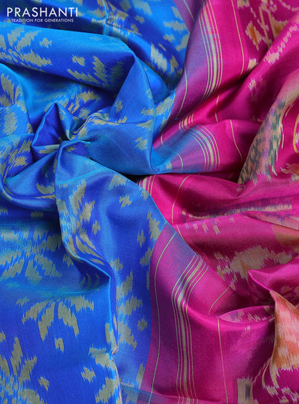 Rajkot patola silk saree cs blue and pink with alllover ikat woven buttas and ikat zari woven border