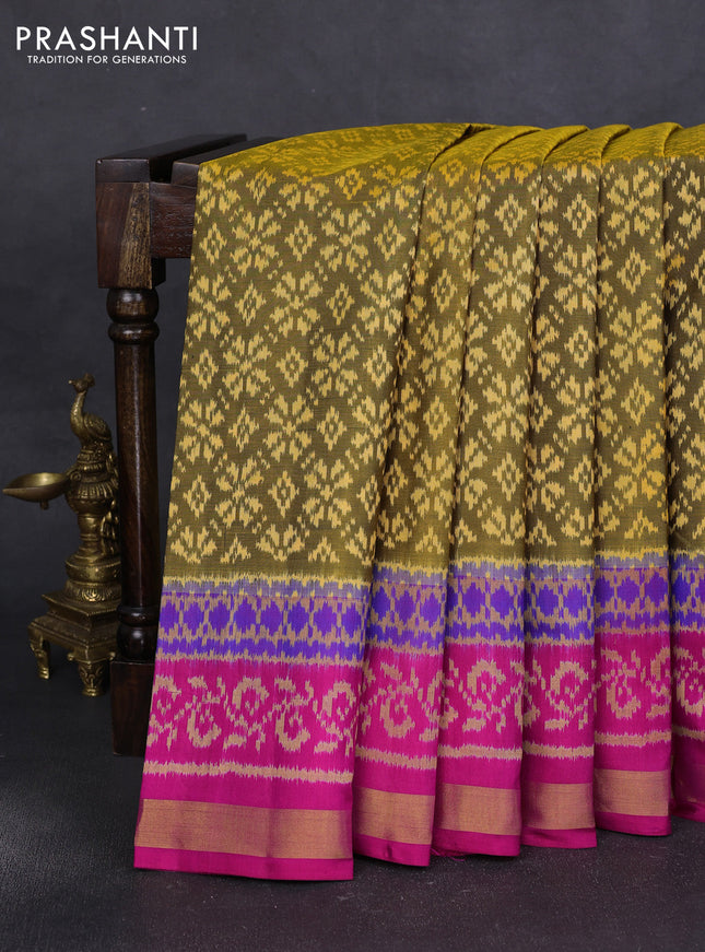 Rajkot patola silk saree mehendi green and pink with allover ikat weaves and ikat woven zari border