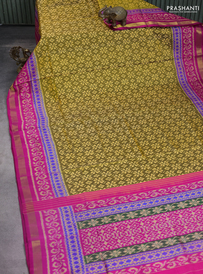 Rajkot patola silk saree mehendi green and pink with allover ikat weaves and ikat woven zari border
