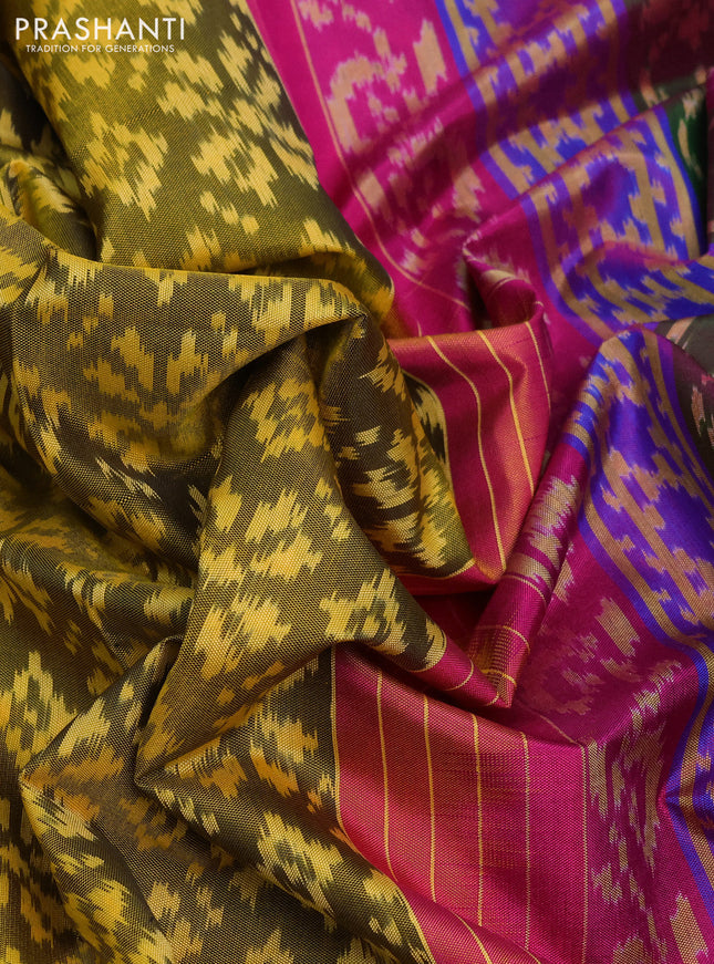 Rajkot patola silk saree mehendi green and pink with allover ikat weaves and ikat woven zari border