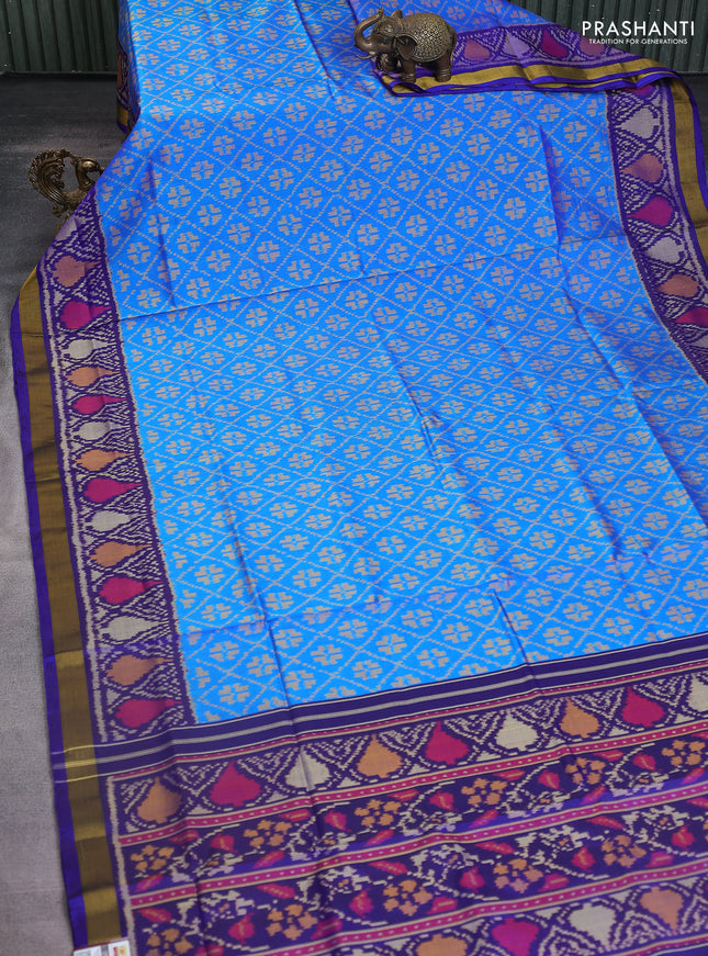 Rajkot patola silk saree teal blue and blue with allover ikat weaves and ikat woven border