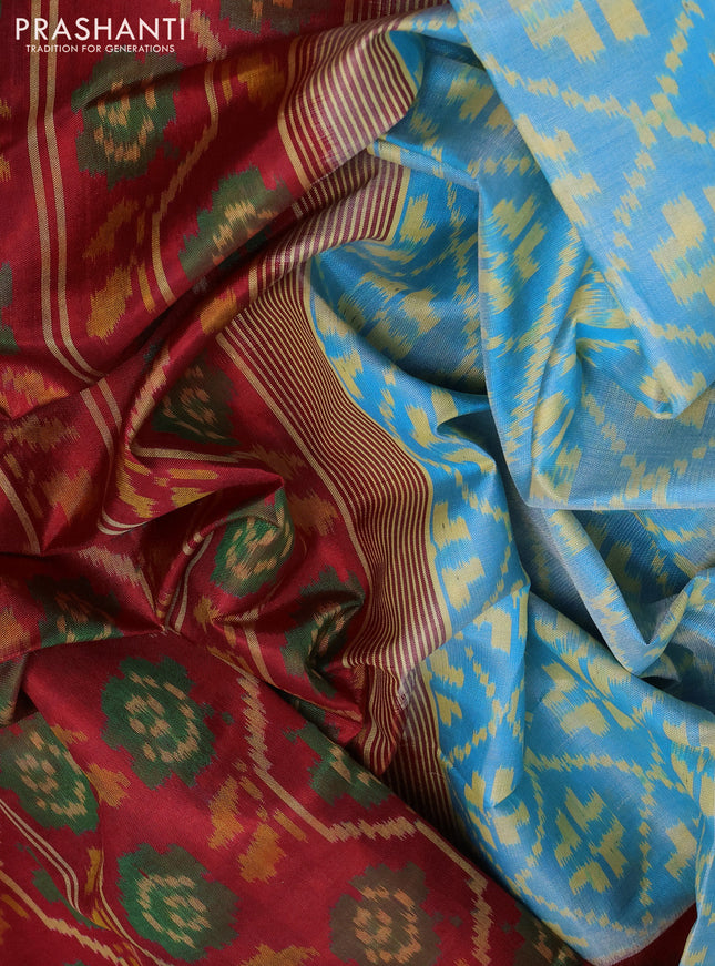 Rajkot patola silk saree light blue and red with allover ikat weaves and ikat woven zari border