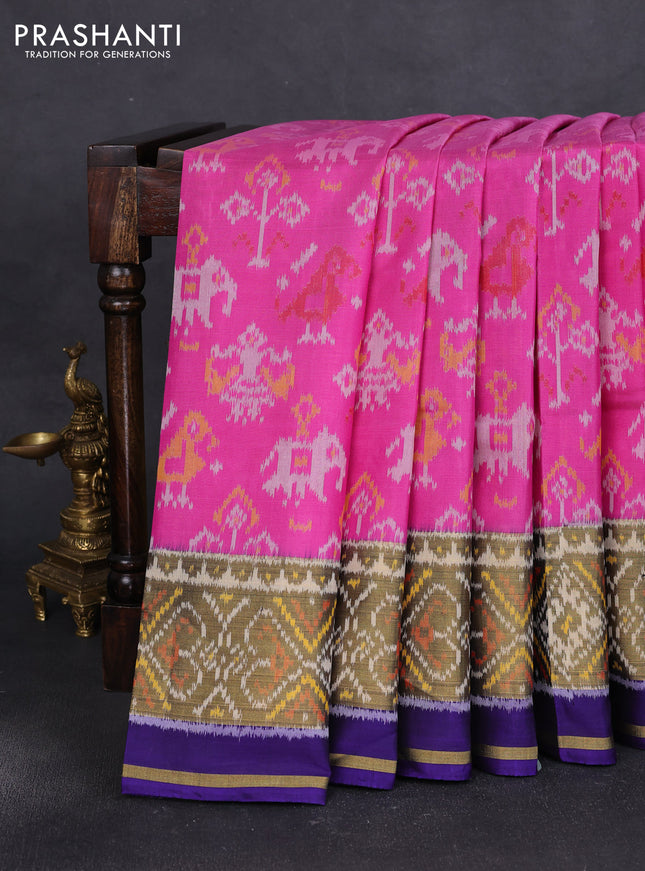Rajkot patola silk saree pink and blue with allover ikat weaves and ikat woven zari border