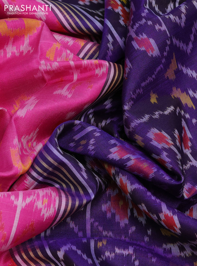 Rajkot patola silk saree pink and blue with allover ikat weaves and ikat woven zari border
