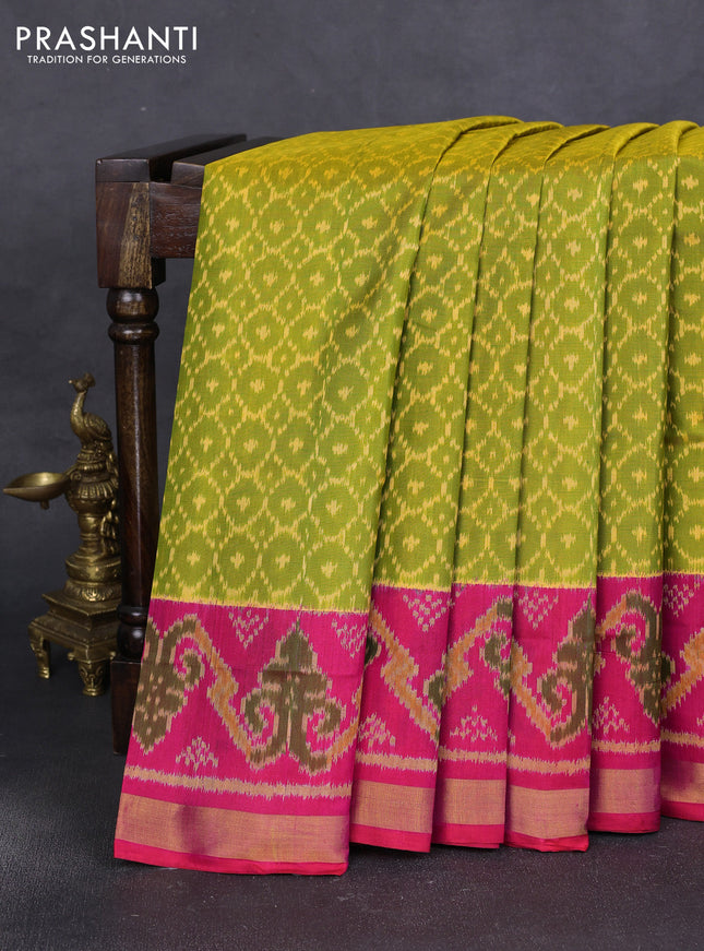 Rajkot patola silk saree lime green and pink with allover ikat weaves and ikat woven zari border