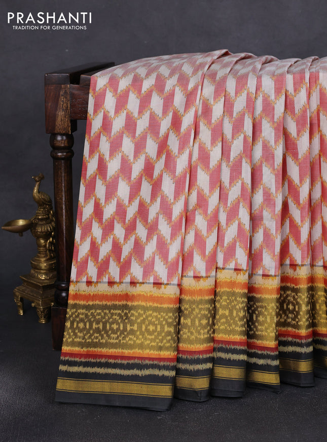 Rajkot patola silk saree off white marron and black with allover ikat weaves and ikat woven zari border