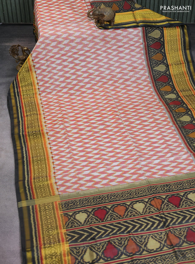 Rajkot patola silk saree off white marron and black with allover ikat weaves and ikat woven zari border