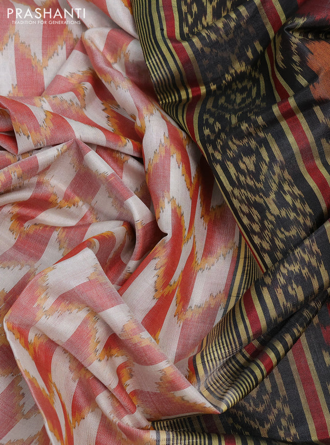 Rajkot patola silk saree off white marron and black with allover ikat weaves and ikat woven zari border