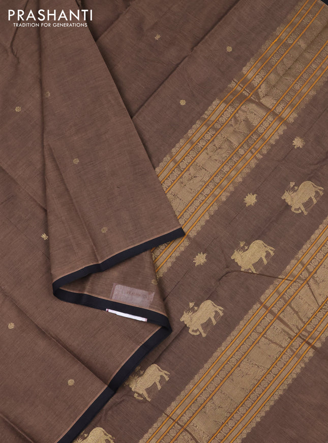 Kanchi cotton saree brown and black with zari woven buttas and piping border