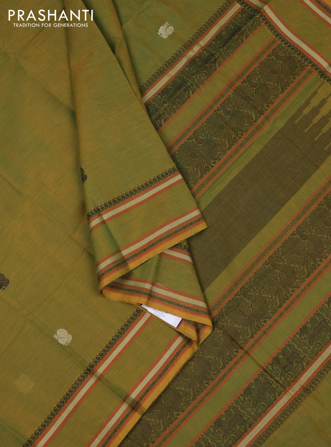 Kanchi cotton saree dual shade of greenish yellow with plain body and thread woven border