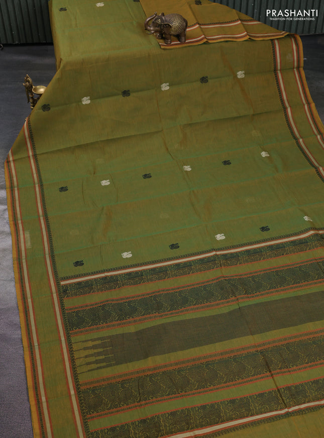 Kanchi cotton saree dual shade of greenish yellow with plain body and thread woven border