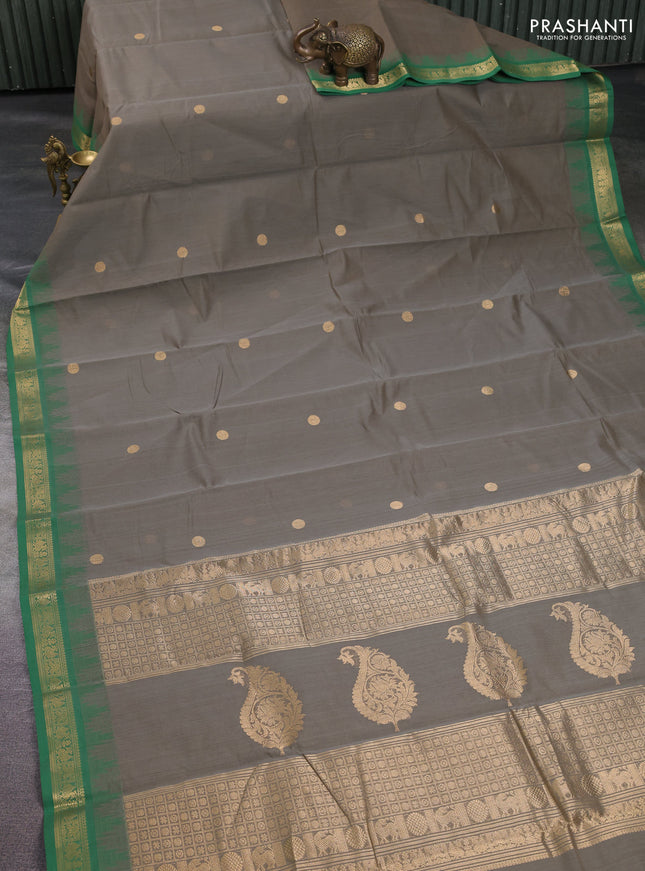 Kanchi cotton saree grey and green with zari woven buttas and zari woven border