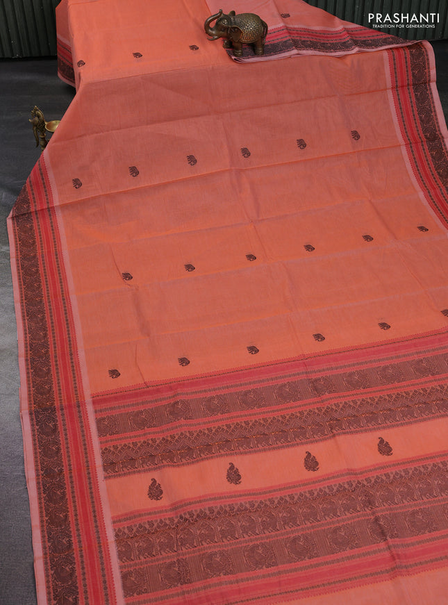 Kanchi cotton saree peach orange with plain body and thread woven border