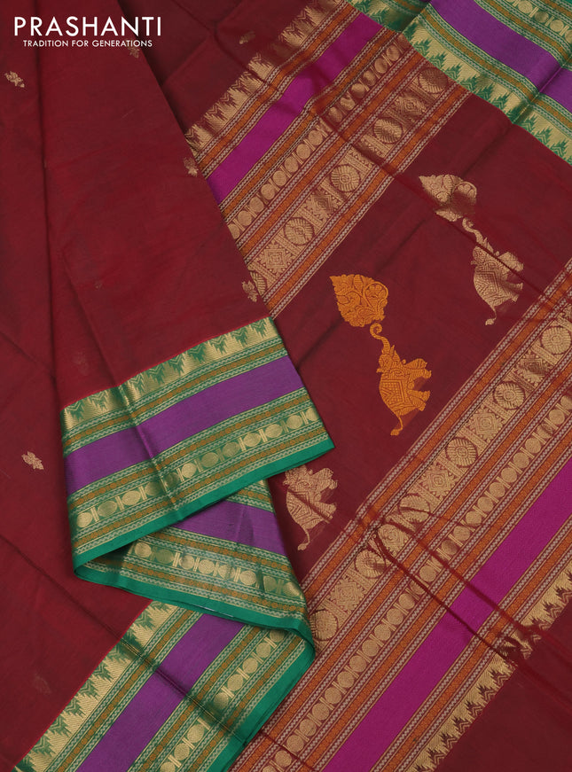 Kanchi cotton saree deep maroon and green with zari woven buttas and temple design zari woven border