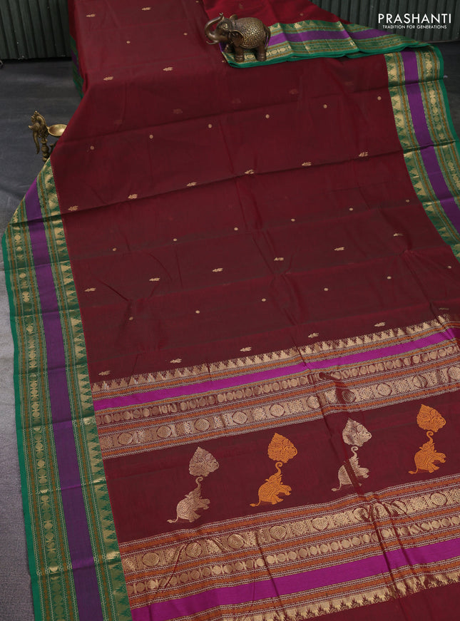 Kanchi cotton saree deep maroon and green with zari woven buttas and temple design zari woven border