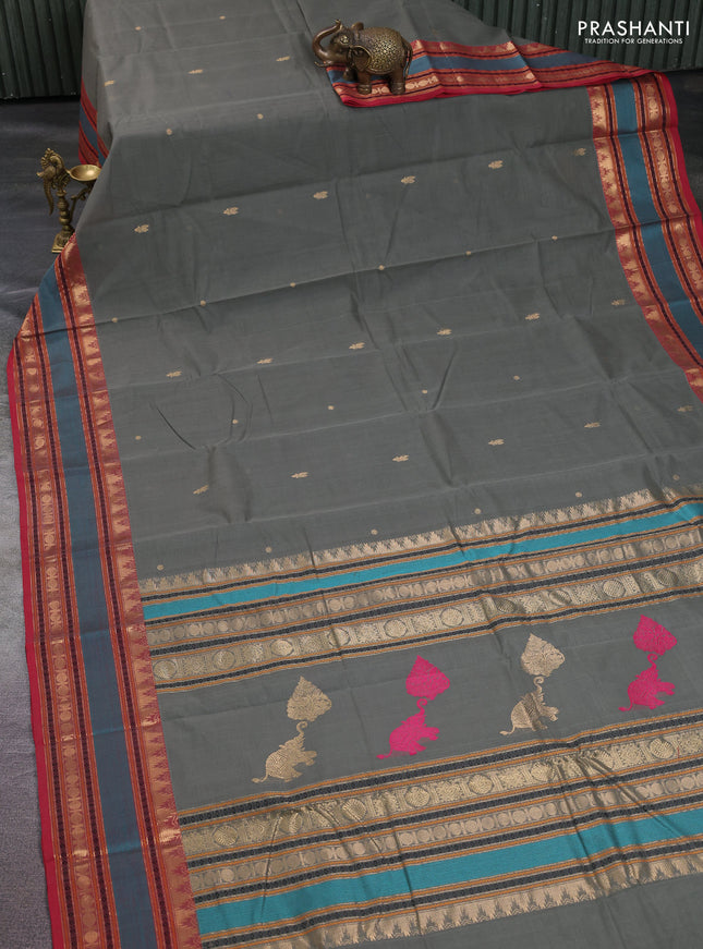 Kanchi cotton saree gtrey and maroon with zari woven buttas and temple design zari woven border