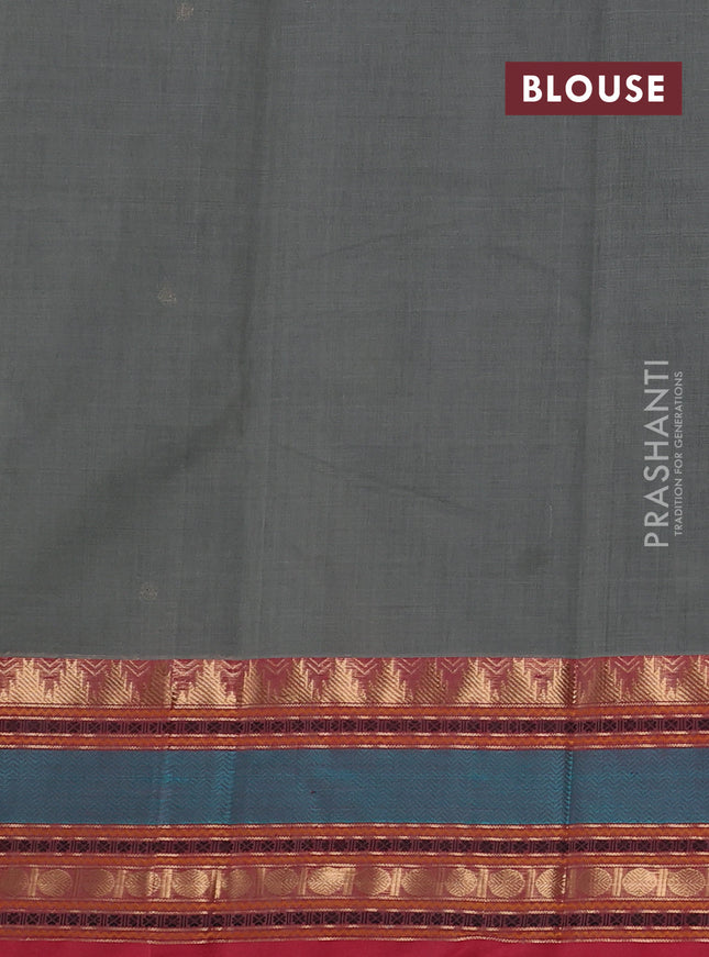 Kanchi cotton saree gtrey and maroon with zari woven buttas and temple design zari woven border