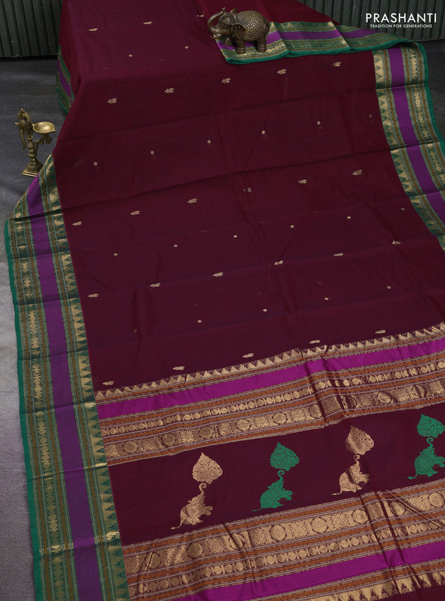Kanchi cotton saree deep maroon and green with zari woven buttas and temple design zari woven border