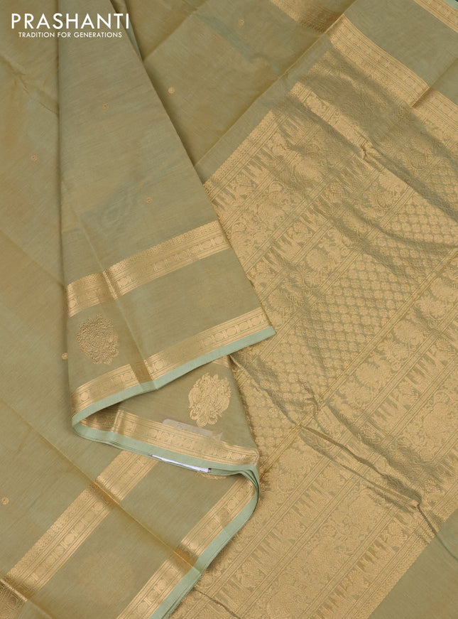 Kanchi cotton saree pastel green with zari woven buttas and rettapet zari woven butta border