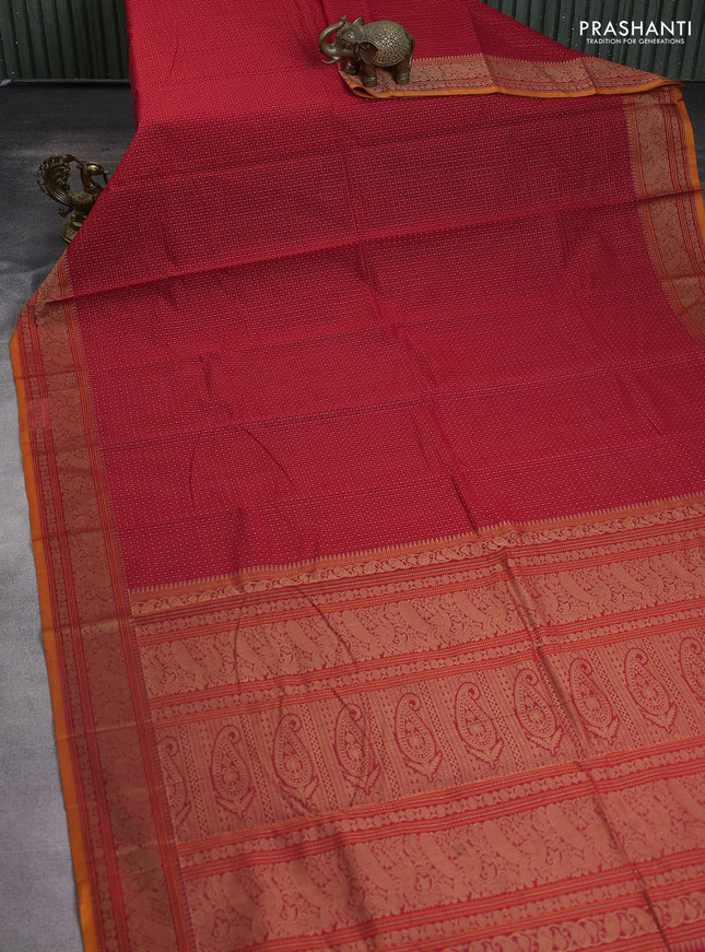 Kanchi cotton saree red and mustard yellow with allover thread checks & buttas and thread woven border