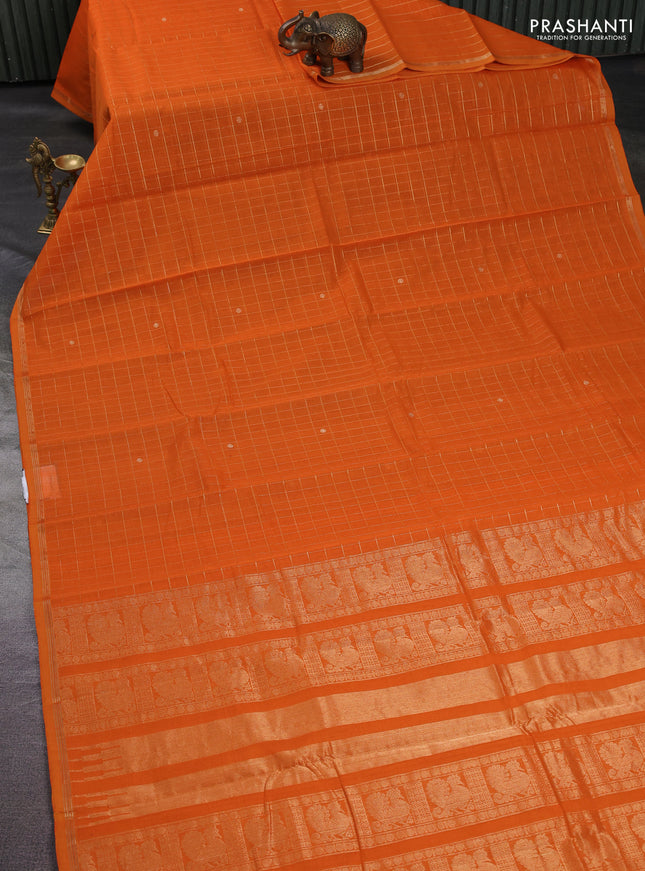 Kanchi cotton saree orange with allover zari checks & buttas and zari woven border