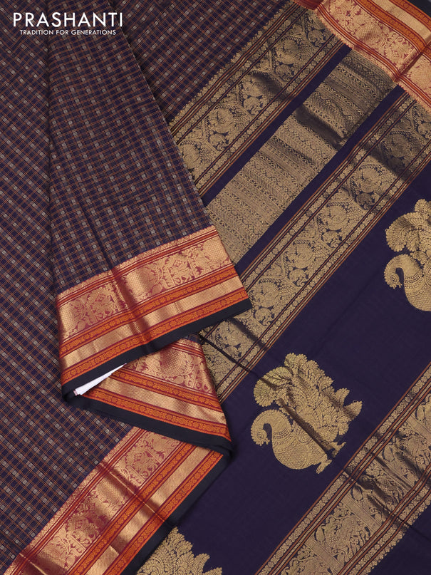 Kanchi cotton saree navy blue and black with allover thread checks & buttas and zari woven butta border