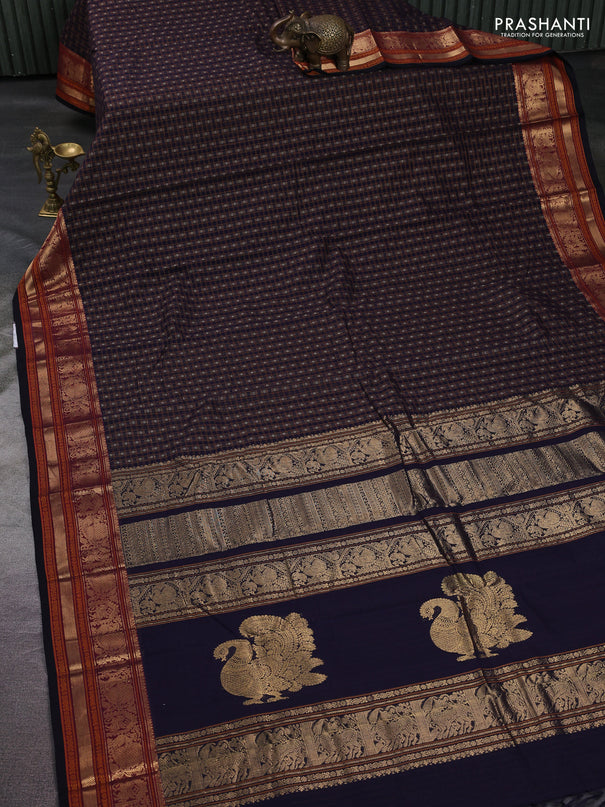 Kanchi cotton saree navy blue and black with allover thread checks & buttas and zari woven butta border