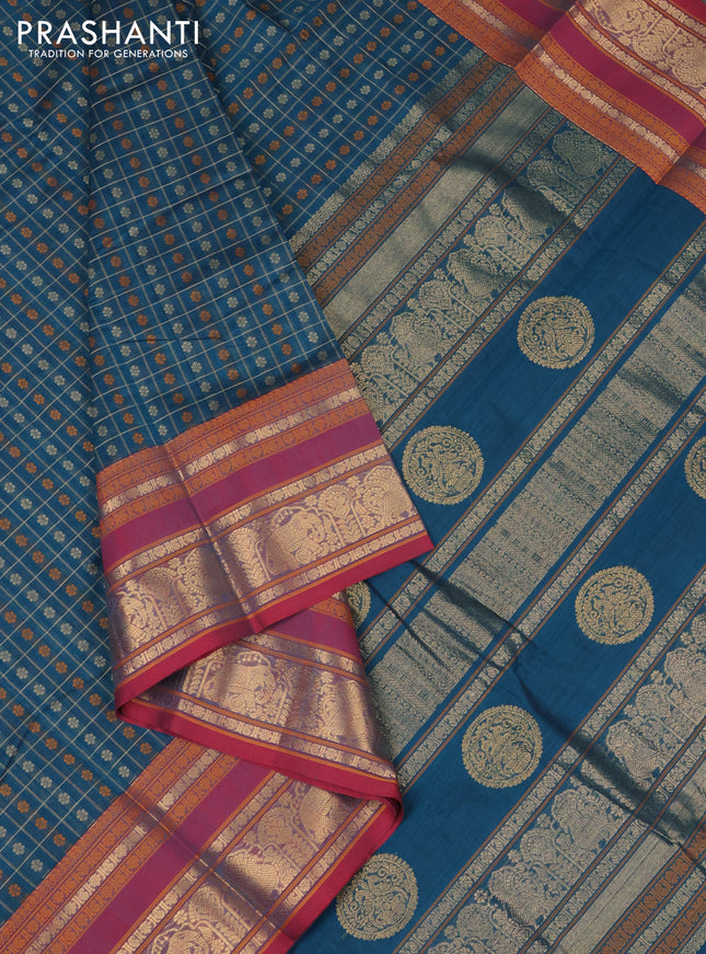 Kanchi cotton saree peacock green and maroon with allover thread checks & buttas and rettapet zari woven butta border