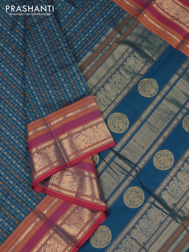 Kanchi cotton saree peacock green and maroon with allover thread checks & buttas and rettapet zari woven butta border