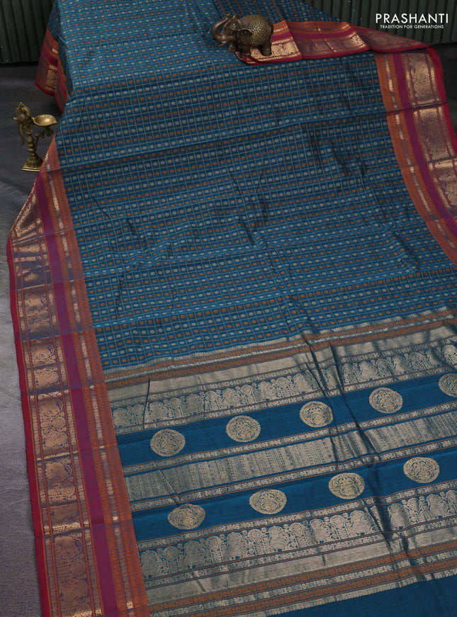 Kanchi cotton saree peacock green and maroon with allover thread checks & buttas and rettapet zari woven butta border