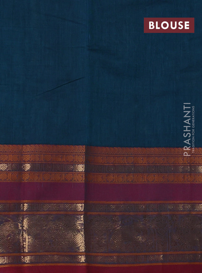 Kanchi cotton saree peacock green and maroon with allover thread checks & buttas and rettapet zari woven butta border
