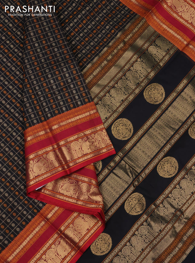 Kanchi cotton saree black and maroon with allover thread checks & buttas and rettapet zari woven butta border