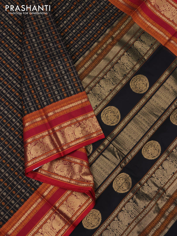 Kanchi cotton saree black and maroon with allover thread checks & buttas and rettapet zari woven butta border