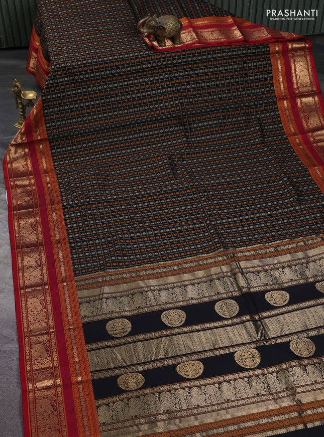 Kanchi cotton saree black and maroon with allover thread checks & buttas and rettapet zari woven butta border