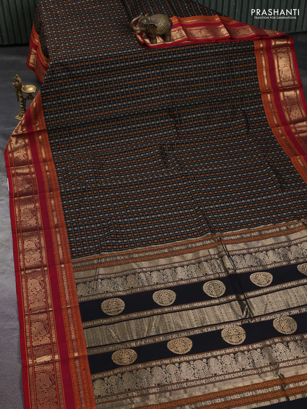 Kanchi cotton saree black and maroon with allover thread checks & buttas and rettapet zari woven butta border