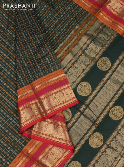 Kanchi cotton saree bottle green and maroon with allover thread checks & buttas and rettapet zari woven butta border