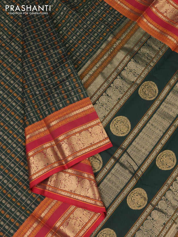 Kanchi cotton saree bottle green and maroon with allover thread checks & buttas and rettapet zari woven butta border