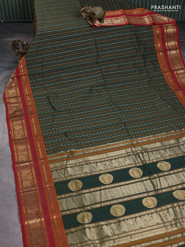 Kanchi cotton saree bottle green and maroon with allover thread checks & buttas and rettapet zari woven butta border