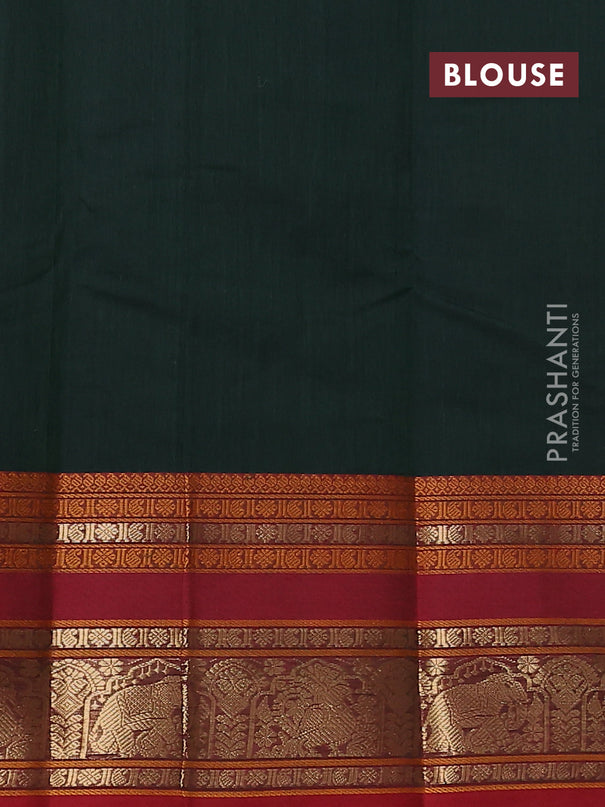 Kanchi cotton saree bottle green and maroon with allover thread checks & buttas and rettapet zari woven butta border